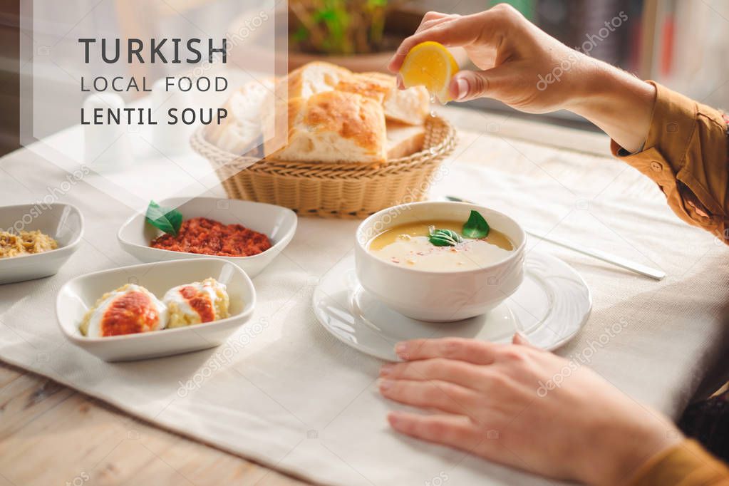 Woman eat traditional Cappadocia food from lentil soup