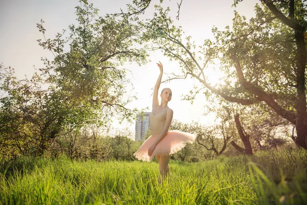 Yumuşak ve romantik dansçı kadın gün batımında yeşil peyzaj — Stok fotoğraf