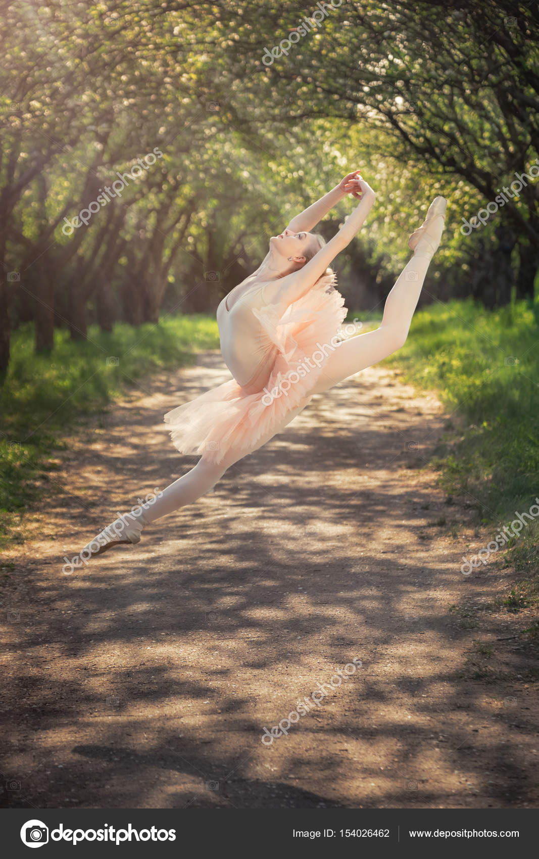 Ballerina dancing outdoors and jumping high into the air Stock Photo by  ©Gilitukha 154026462