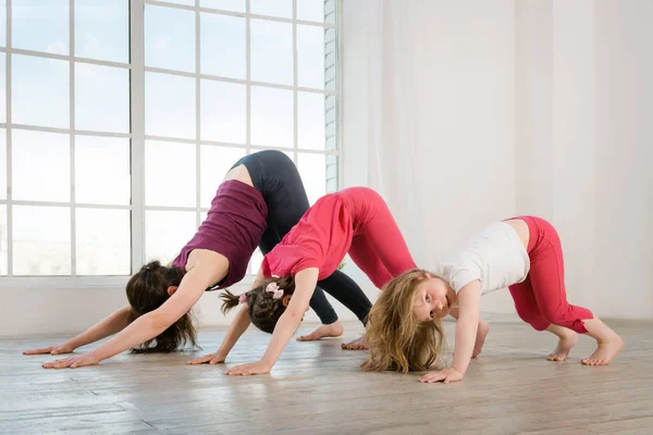 Giovane madre e figlie che fanno esercizio yoga — Foto Stock