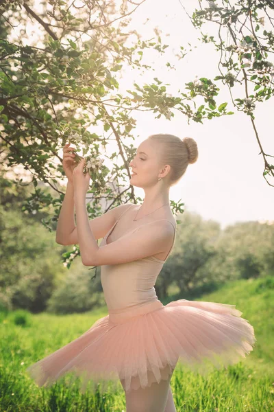 Donna ballerina tenera e romantica nel paesaggio dei fiori verdi a s — Foto Stock