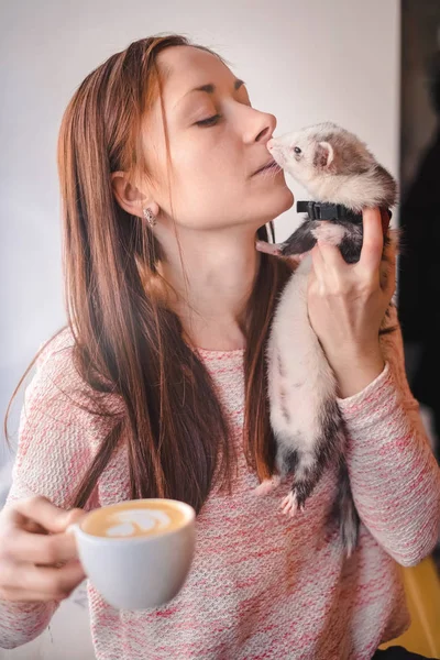 Mujer joven y su hurón mascota en la cafetería —  Fotos de Stock