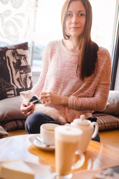 Νεαρή γυναίκα παρέα με το κατοικίδιο κουνάβι σε καφετέρια — Φωτογραφία Αρχείου