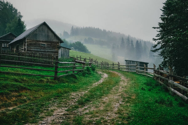 Mountain rural landscape covered by fog in the morning