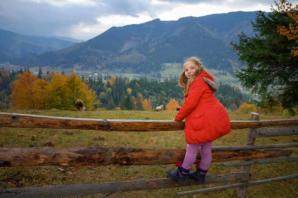 Adorabile bionda bambina in campagna nei Carpazi — Foto Stock