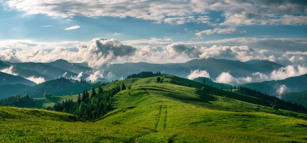 Breathtaking panorama of morning wild nature high in mountains — Stock Photo, Image