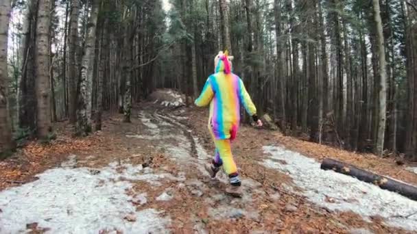 秋天的一天 穿着独角兽服装的女徒步旅行者穿过喀尔巴阡山脉森林 流浪情欲旅行的概念 — 图库视频影像