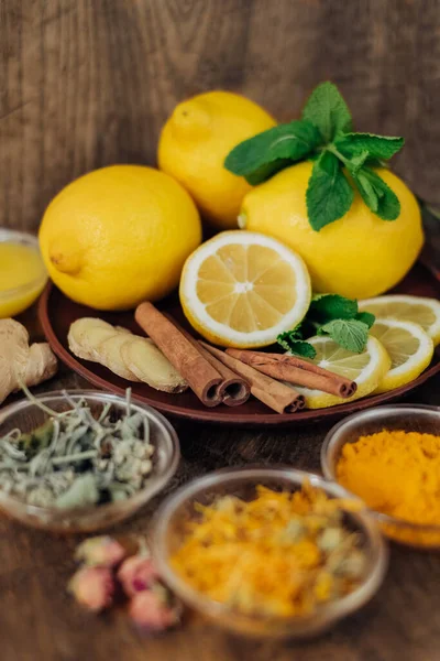 Limone Sano Con Curcuma Miele Migliore Sistema Immunitario Prodotti Naturali — Foto Stock