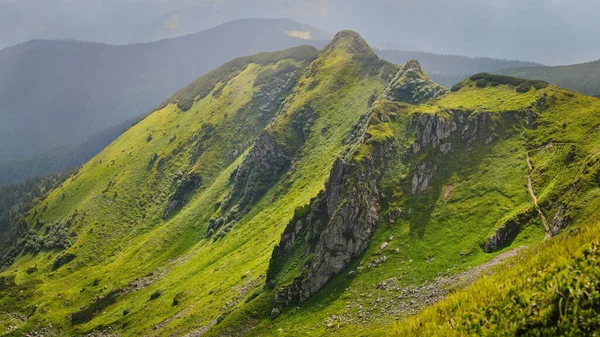 Panoramablick Auf Schönes Grünes Bergtal Und Hügel Hintergrund Bei Sonnigem — Stockfoto