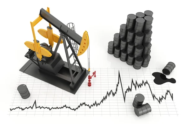 Yağ pompası ve yağ varilleri. Sarı renkli siyah yağ pompası. Petrol üretimi ve çıkarma kavramı, izole edilmiş beyaz arka plan. 3d illüstrasyon