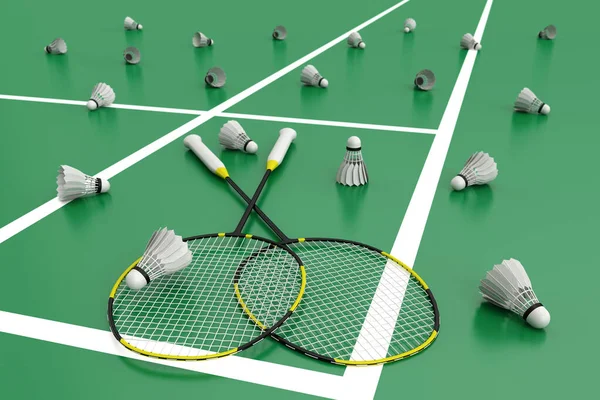 Mekik horozlu Badminton raketleri. Badminton kortunda yeşil zeminde sarı çizgili siyah raketler. 3d illüstrasyon