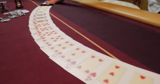 Casino Dealer Man Shuffles Poker Cards Performing Trick Cards — Stock Video