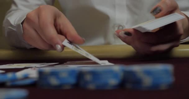 Poker Dealer Shuffling Full Deck Playing Cards — Stock Video