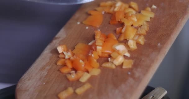 Closeup Cutting Chopping Piece Carrot Smaller Pieces Closeup Female Hands — Stock Video