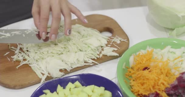 Closeup Cutting Chopping Piece Cabbage Smaller Pieces Closeup Female Hands — 图库视频影像
