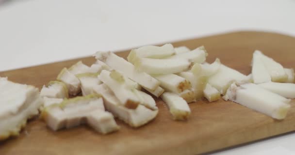 Closeup Cutting Chopping Piece Bacon Smaller Pieces Closeup Female Hands — Stock Video