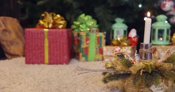 Jul Lykta Ljus Lådor Gåvor Ett Nytt Bakgrund — Stockvideo