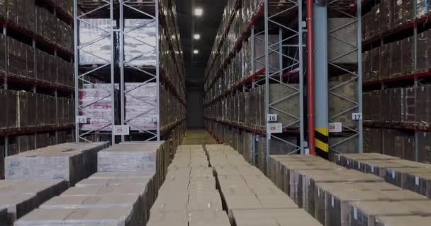 在巨大的工业仓库内使用叉车装载机 空中射击 — 图库视频影像