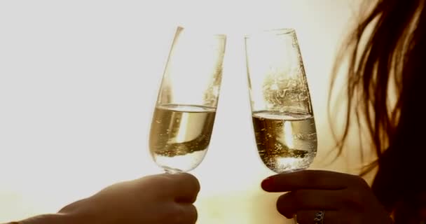 Grupa młodzieży nastolatków szczęśliwy najlepszych przyjaciół o zabawy picia toasting z kieliszkami szampana na imprezie na plaży w lato susnet. wakacje przygoda podróż uroczystość szczęśliwy urodziny młodzi chłopcy dziewczyny — Wideo stockowe