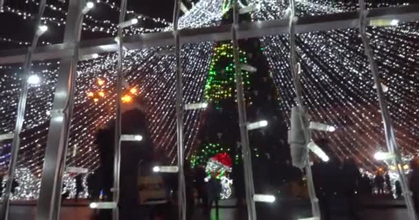 Ukraine Poltava December 2019 Night Christmas Big Glowing Decorated Christmas — Stock Video