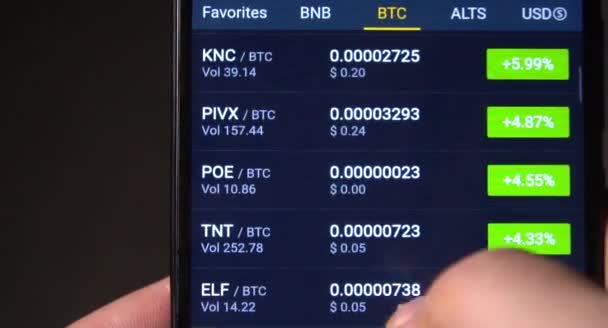 Empresário está verificando gráfico de preços Bitcoin na troca digital na tela do telefone móvel, criptomoeda conceito de previsão de ação de preço futuro — Vídeo de Stock