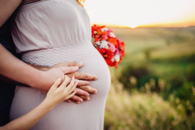 Koca ve bebek elleri hamile kadının karnında, açık havada atış, mutlu aile kavramı.