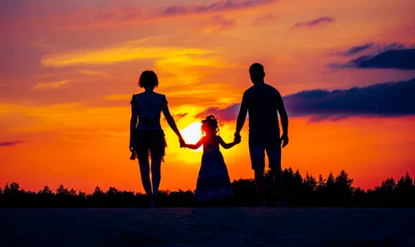 Gelukkige familie op weide bij zonsondergang zomer — Stockfoto