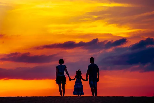 Gün batımında yaz çayır üzerinde mutlu bir aile — Stok fotoğraf