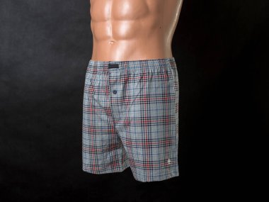 Mankenin üstünde erkek donu var. İzole bir arkaplanda.