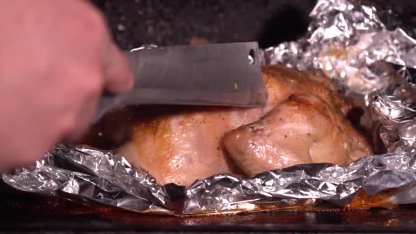 Cooking Roasted Whole Chicken Foil Hot Oven Closeup Juicy Tender — Stock Video