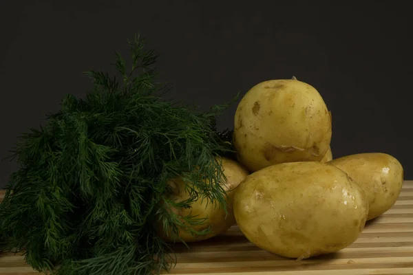 Raw Fresh Organic Potatoes Black Wooden Table Dark Background Space — Stock Photo, Image