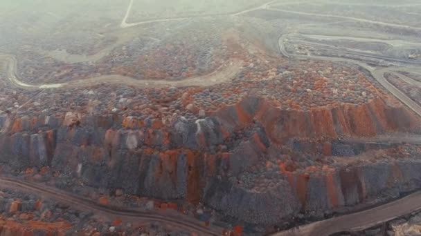 Iron Ore Quarry Aerial Survey Mining Iron Ore Trucks Transporting — Stock Video