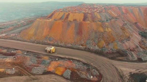 Iron Ore Quarry Aerial Survey Mining Iron Ore Trucks Transporting — 비디오