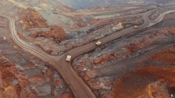 Iron Ore Quarry Aerial Survey Mining Iron Ore Trucks Transporting — 비디오