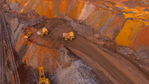 Iron ore quarry open pit mining aerial photography.