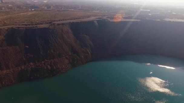Flooded Quarry Mountain Lake Aerial Drone — Stockvideo