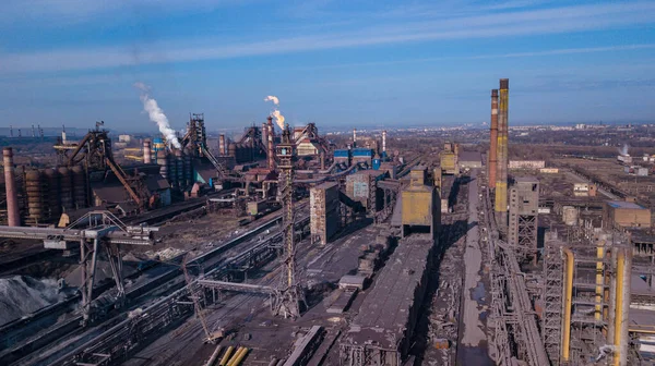 stock image Steel ecology metallurgical iron plant smokes from pollution of industry pipes. View from the drone.