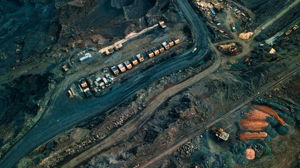 Aerial view of the Iron ore mining, Panorama of an open-cast mine extracting iron ore, preparing for blasting in a quarry mining iron ore, Explosive works on open pit