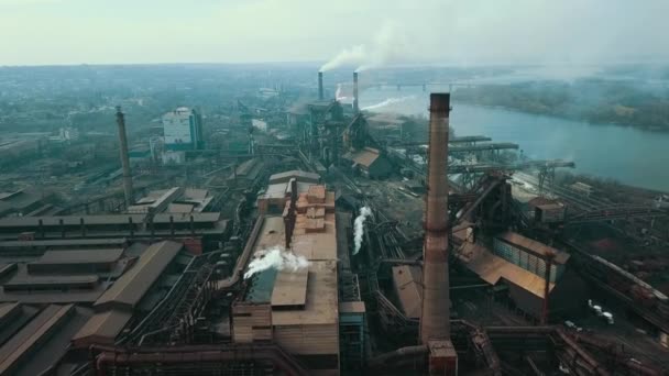 Steel Mill Metallurgical Plant Bad Ecology Smoke Pipes Aerial Video — Stock Video