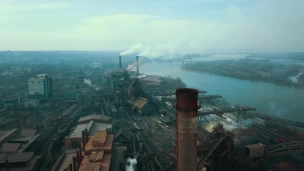 Fábrica Aço Planta Metalúrgica Ecologia Fumaça Tubos Vídeo Aéreo — Vídeo de Stock