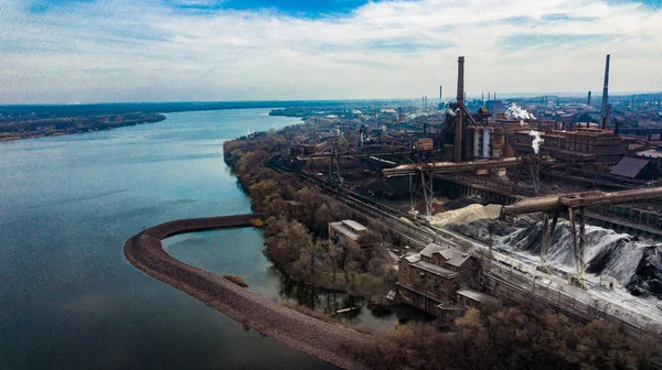 metallurgical production plant full cycle smoke from pipes bad ecology aerial photography