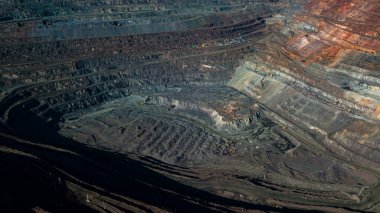 Demir cevheri madenciliğinin havadan görünüşü, bir açık-döküm mayının panoraması... 