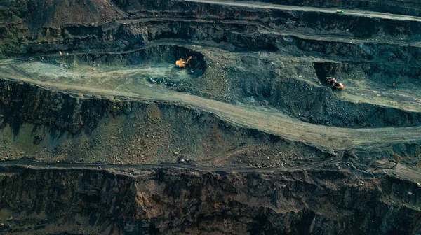 Aerial view of the Iron ore mining, Panorama of an open-cast mine extracting iron ore, preparing for blasting in a quarry mining iron ore, Explosive works on open pit