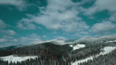 Dağlar karlı Karpatlar kozalaklı orman kayak merkezleri güzel hava görüntüsü 4K