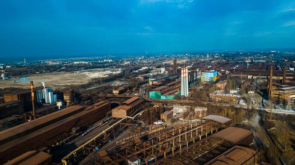 metallurgical production plant full cycle smoke from pipes bad ecology aerial photography