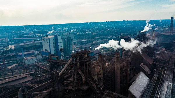 metallurgical production plant full cycle smoke from pipes bad ecology aerial photography