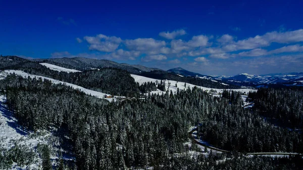 喀尔巴阡山脉山脉山脉松树林针叶林山顶冬季雪地航空摄影 — 图库照片