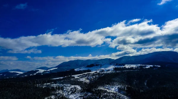 Karpaten Gebirge Kiefernwälder Nadelwälder Berggipfel Winter Schnee Luftaufnahmen — Stockfoto