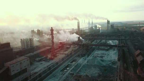 Industry Metallurgical Plant Sunrise Bad Ecology Chimney Smoke Aerial — Stock Video