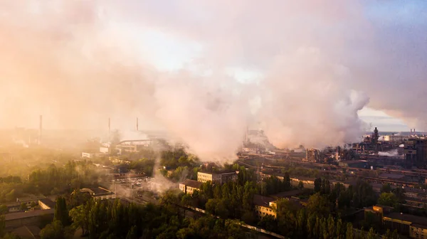 industry metallurgical plant dawn smoke smog emissions bad ecology aerial photography